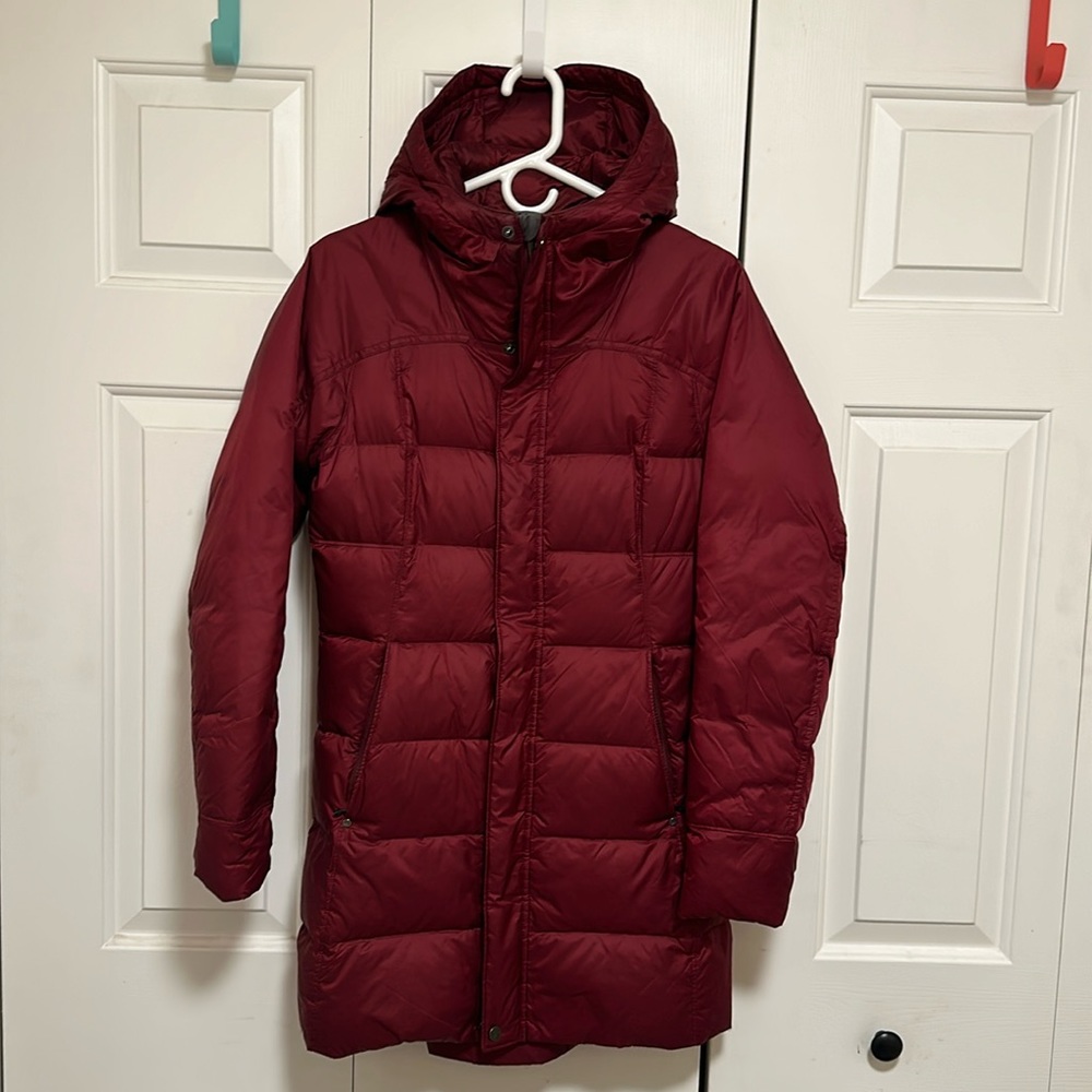 REI red puffy long coat
